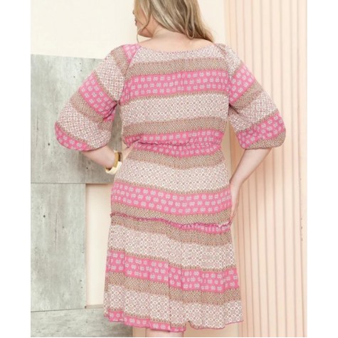 Janette Plus  Plus Size Bohemian Pattern Square Neck Elastic Waist Dress SKU# JD13857-HZ-pink-6 SKU# JD13857-HZ-blue-6 SKU# JD13857-HZ-sage-6