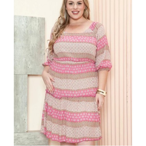Janette Plus  Plus Size Bohemian Pattern Square Neck Elastic Waist Dress SKU# JD13857-HZ-pink-6 SKU# JD13857-HZ-blue-6 SKU# JD13857-HZ-sage-6
