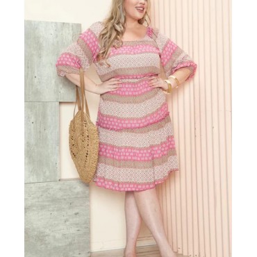 Janette Plus  Plus Size Bohemian Pattern Square Neck Elastic Waist Dress SKU# JD13857-HZ-pink-6 SKU# JD13857-HZ-blue-6 SKU# JD13857-HZ-sage-6