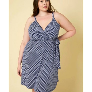 GILLI  Plus Size Sleeveless Faux Wrap Abstract Dress SKU# XD17086A-navy-white-abstract-6