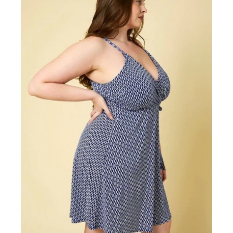 GILLI  Plus Size Sleeveless Faux Wrap Abstract Dress SKU# XD17086A-navy-white-abstract-6
