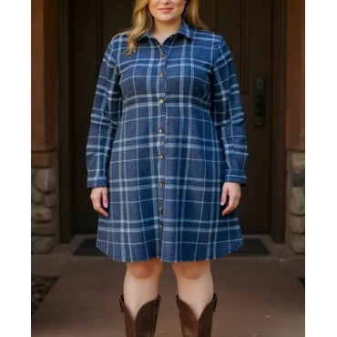 GILLI  Plus Size Oversize Button Down Plaid Flannel Tunic Style Dress SKU# XAD4281-1-navy-ivory-plaid-5