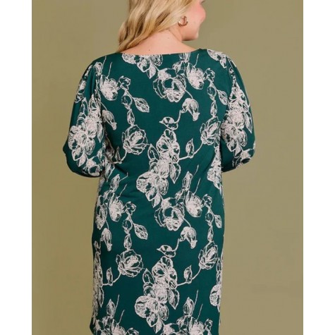 GILLI  Plus Size Floral Print Long Elastic Sleeve Mini Dress SKU# XD19633-forest-green-floral-3