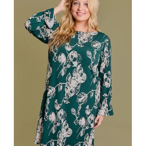 GILLI  Plus Size Floral Print Long Elastic Sleeve Mini Dress SKU# XD19633-forest-green-floral-3