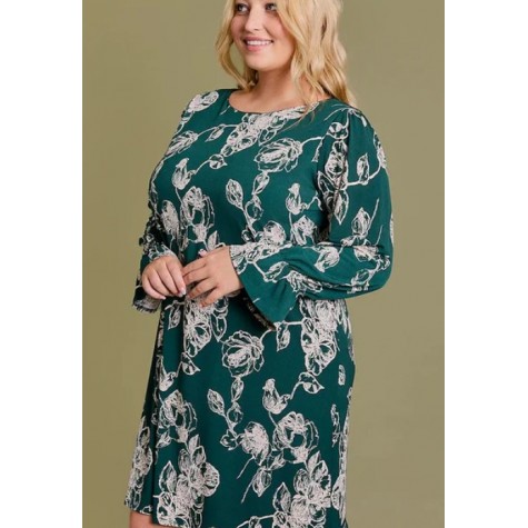 GILLI  Plus Size Floral Print Long Elastic Sleeve Mini Dress SKU# XD19633-forest-green-floral-3