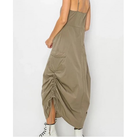 HYFVE  Streetwear Sleeveless Side Ruched Midi Cargo Dress SKU# HF23F935-khaki-6 SKU# HF23F935-salmon-6 SKU# HF23F935-black-6