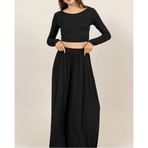 Hyfve  Long Sleeve Crop Top & Extra Wide Maxi Pants Set SKU# HF24E927-SET-midnight-blue-6 SKU# HF24E927-SET-taupe-6 SKU# HF24E927-SET-black-6 SKU# HF24E927-SET-heather-grey-6