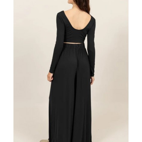 Hyfve  Long Sleeve Crop Top & Extra Wide Maxi Pants Set SKU# HF24E927-SET-midnight-blue-6 SKU# HF24E927-SET-taupe-6 SKU# HF24E927-SET-black-6 SKU# HF24E927-SET-heather-grey-6