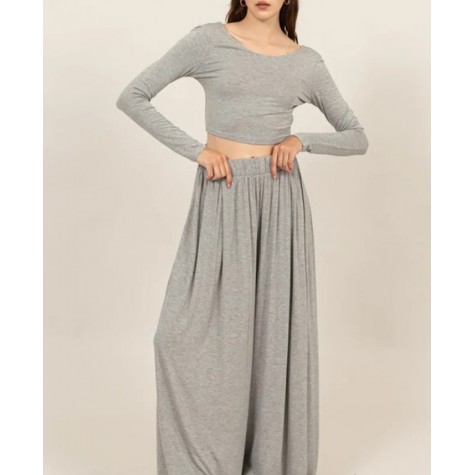 Hyfve  Long Sleeve Crop Top & Extra Wide Maxi Pants Set SKU# HF24E927-SET-midnight-blue-6 SKU# HF24E927-SET-taupe-6 SKU# HF24E927-SET-black-6 SKU# HF24E927-SET-heather-grey-6