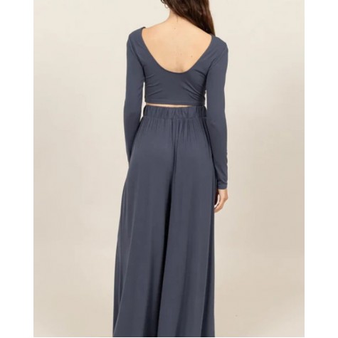 Hyfve  Long Sleeve Crop Top & Extra Wide Maxi Pants Set SKU# HF24E927-SET-midnight-blue-6 SKU# HF24E927-SET-taupe-6 SKU# HF24E927-SET-black-6 SKU# HF24E927-SET-heather-grey-6