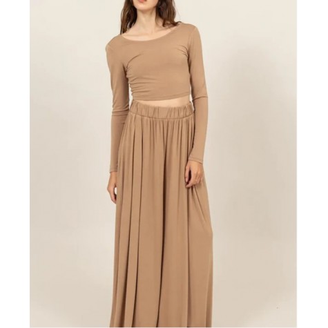 Hyfve  Long Sleeve Crop Top & Extra Wide Maxi Pants Set SKU# HF24E927-SET-midnight-blue-6 SKU# HF24E927-SET-taupe-6 SKU# HF24E927-SET-black-6 SKU# HF24E927-SET-heather-grey-6