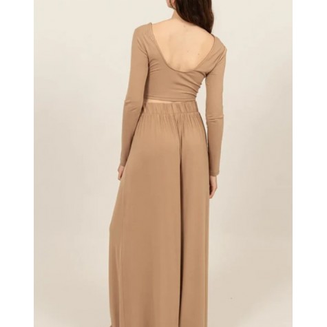 Hyfve  Long Sleeve Crop Top & Extra Wide Maxi Pants Set SKU# HF24E927-SET-midnight-blue-6 SKU# HF24E927-SET-taupe-6 SKU# HF24E927-SET-black-6 SKU# HF24E927-SET-heather-grey-6
