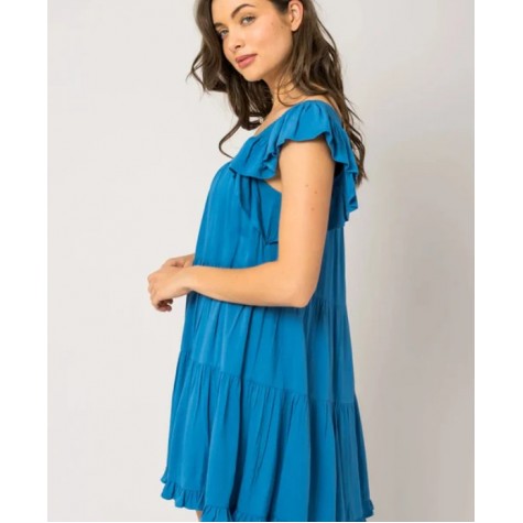 GILLI  Ruffle Sleeves Square Neckline Tiered Mini Dress SKU# MD5309G-blue-6 SKU# MD5309G-orange-6