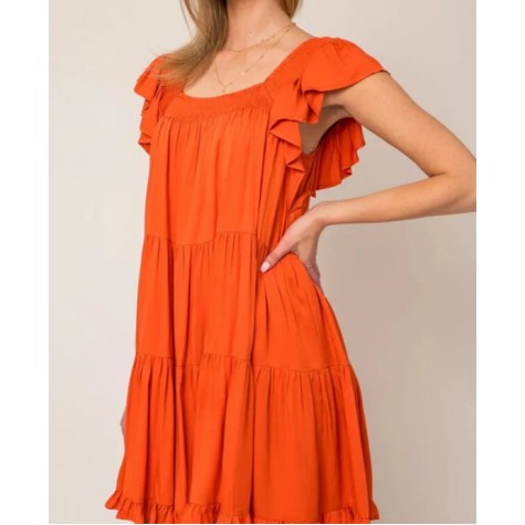 GILLI  Ruffle Sleeves Square Neckline Tiered Mini Dress SKU# MD5309G-blue-6 SKU# MD5309G-orange-6