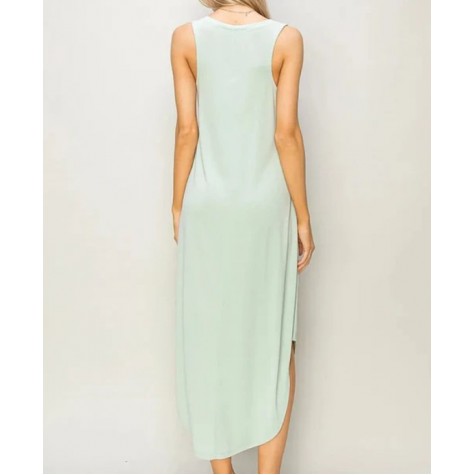 HYFVE  Basic Soft Hi-Low Sleeveless V-Neck Relax Fit Curve Hem Midi Dress SKU# DZ24A899-mint-6 SKU# DZ24A899-baked-clay-6