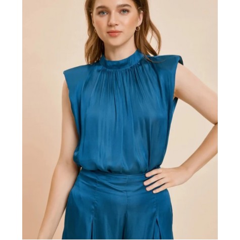 Mustard Seed  Mock Neck Padded Shoulder With Lace Trim Bodysuit SKU# S22471-tumeric-6 SKU# S22471-deep-ocean-6 SKU# S22471-platinum-6