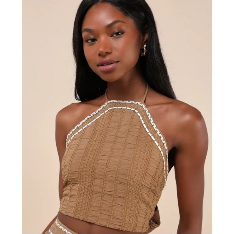 Lulus  Sunny Textured Velvet Crop Sleeveless Top Wide-Leg Pants Set SKU# CP50825-brown-white-8