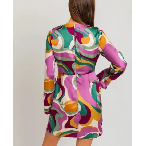Le Lis  Satin Retro Long WiderSleeve Front Tie Mini Dress SKU# KD8077-purple-green-6
