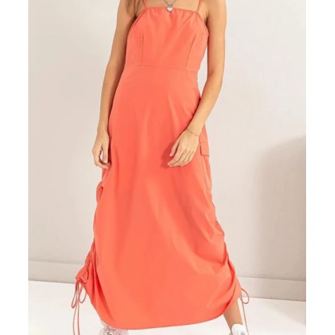 HYFVE  Streetwear Sleeveless Side Ruched Midi Cargo Dress SKU# HF23F935-khaki-6 SKU# HF23F935-salmon-6 SKU# HF23F935-black-6
