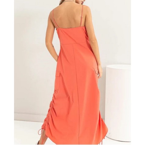 HYFVE  Streetwear Sleeveless Side Ruched Midi Cargo Dress SKU# HF23F935-khaki-6 SKU# HF23F935-salmon-6 SKU# HF23F935-black-6