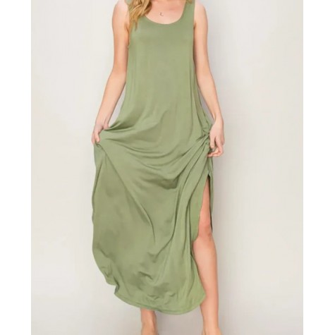 HYFVE  Sleeveless Two Side Pocket Flowing Maxi Dress SKU# HF24E377-taupe-6 SKU# HF24E377-copper-tan-6 SKU# HF24E377-olive-6