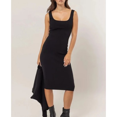 Hyfve  Ribbed Sleeveless Round Neck Midi Dress & Crop Cami Long Sleeve Sweater Set SKU# HF25A927-SET-black-6