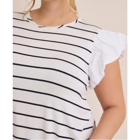 GILLI  Plus Size Ruffle Sleeve Classic Black White Striped Flutter Knit Top SKU# XAT6182-black-white-stripe-6 SKU# XAT6182-white-black-stripe-6