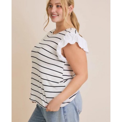 GILLI  Plus Size Ruffle Sleeve Classic Black White Striped Flutter Knit Top SKU# XAT6182-black-white-stripe-6 SKU# XAT6182-white-black-stripe-6