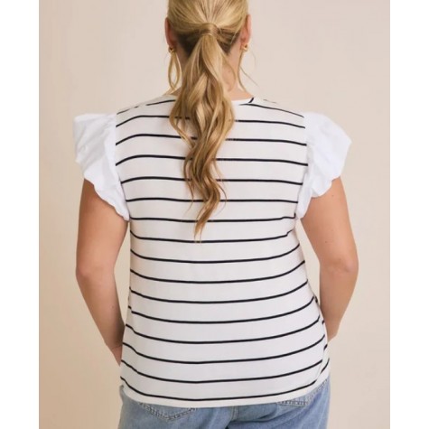 GILLI  Plus Size Ruffle Sleeve Classic Black White Striped Flutter Knit Top SKU# XAT6182-black-white-stripe-6 SKU# XAT6182-white-black-stripe-6