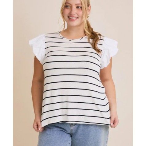 GILLI  Plus Size Ruffle Sleeve Classic Black White Striped Flutter Knit Top SKU# XAT6182-black-white-stripe-6 SKU# XAT6182-white-black-stripe-6