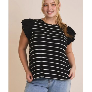 GILLI  Plus Size Ruffle Sleeve Classic Black White Striped Flutter Knit Top SKU# XAT6182-black-white-stripe-6 SKU# XAT6182-white-black-stripe-6