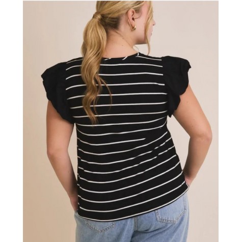 GILLI  Plus Size Ruffle Sleeve Classic Black White Striped Flutter Knit Top SKU# XAT6182-black-white-stripe-6 SKU# XAT6182-white-black-stripe-6