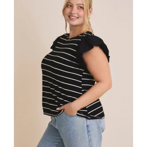 GILLI  Plus Size Ruffle Sleeve Classic Black White Striped Flutter Knit Top SKU# XAT6182-black-white-stripe-6 SKU# XAT6182-white-black-stripe-6